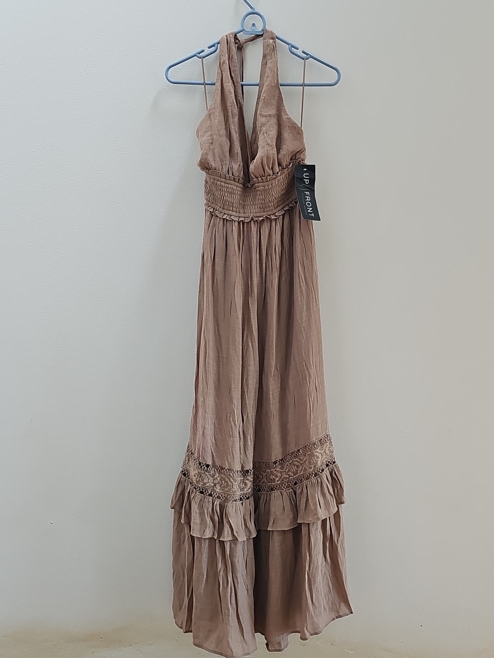 Smocked Halter Maxi Dress in Taupe